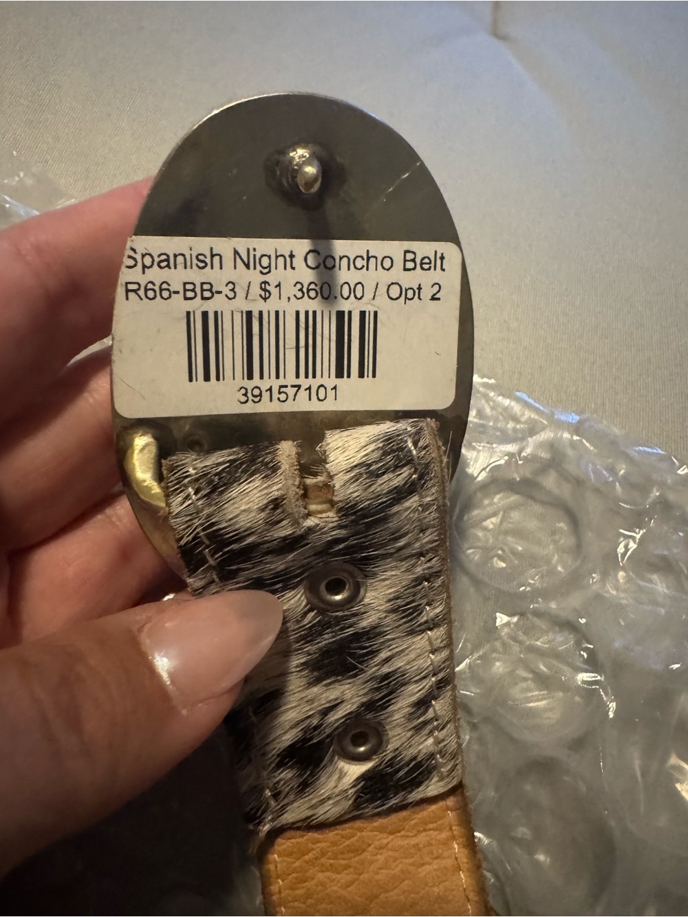 NWT- Spanish Night Concho Belt - Black & White Haircalf with Tan Leather